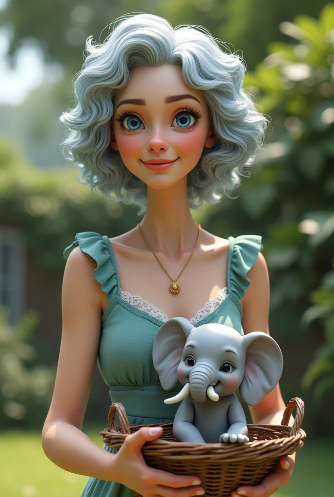 50 age Curly blue white haired woman 
with blue eyes،
There is an old basket next to it with a small elephant inside،
The woman in gardenparty
Style 3D