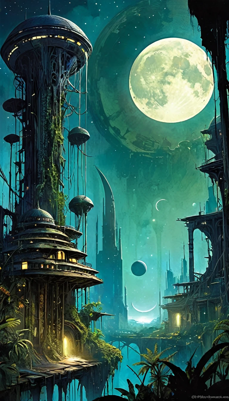 Enter the mysterious nighttime expanse of a deserted city, where moonlight cascades down on the skeletal remains of wooden structures, intertwined with the sturdy tendrils of jungle vegetation. Arriba, The cosmic tapestry is interrupted by the great spaceship. A surreal alliance of desolation and extraterrestrial presence unfolds beneath the twin moons, creating an enigmatic atmosphere over the abandoned cityscape -inspired by the art of Bill Sienkiewicz and Dave McKean
