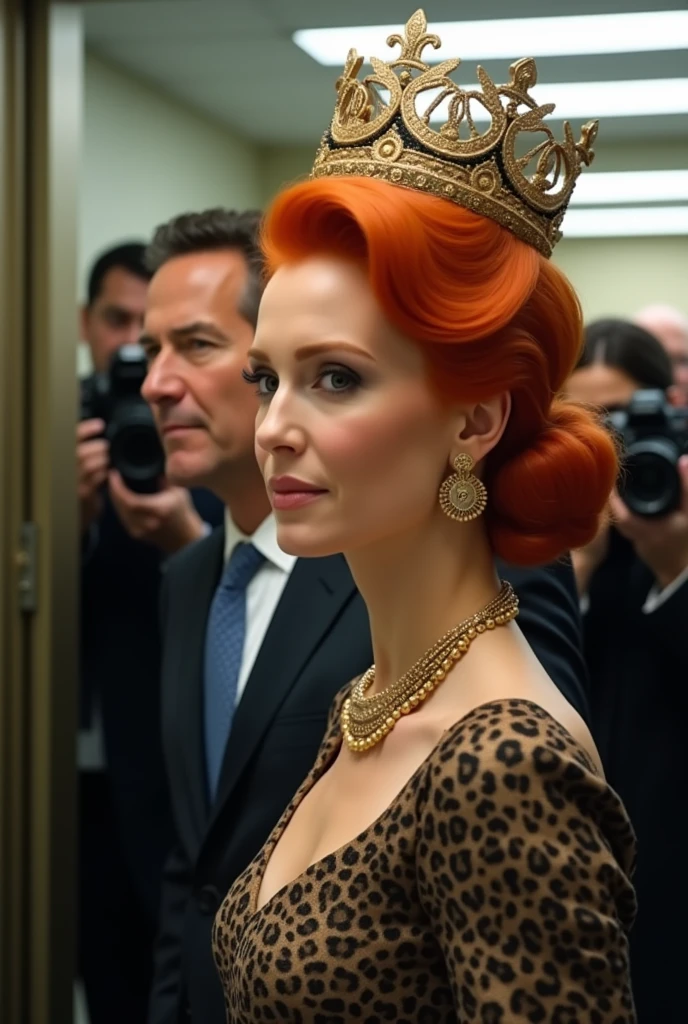 A queen woman with an orange hair crown enters a hospital with her husband while paparazzi take photos of them
