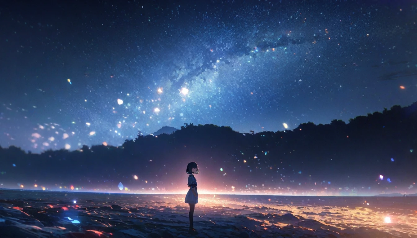 ((ultra-detailed))/(one women with short black hair and bob hair.、beautiful blue eyes,.、smile、gentle smile on her face、flat chest, one Beautiful girl,((masterpiece, illustration, best quality) ((ultra-detailed))/)Masterpiece\,standing on a empty field and standing under a blue starry night sky, night time,濃い青とBeautiful Blueのグラデーション, High resolution, 8K HD detail, hyper-detail, cinematic, surrealism, soft light, deep field focus bokeh, ray tracing and surrealism. --v6'