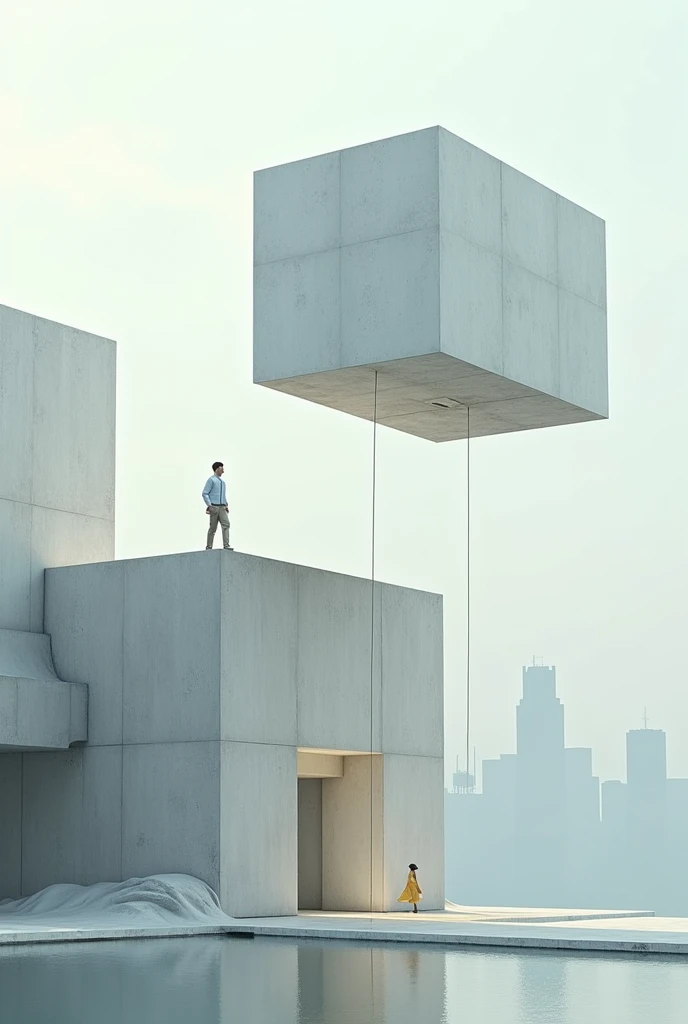 two structures that connect to each other, One rises in the air depending on the other by something small like a thread., Plastic represents the imperfections of the city that are not shown in the other