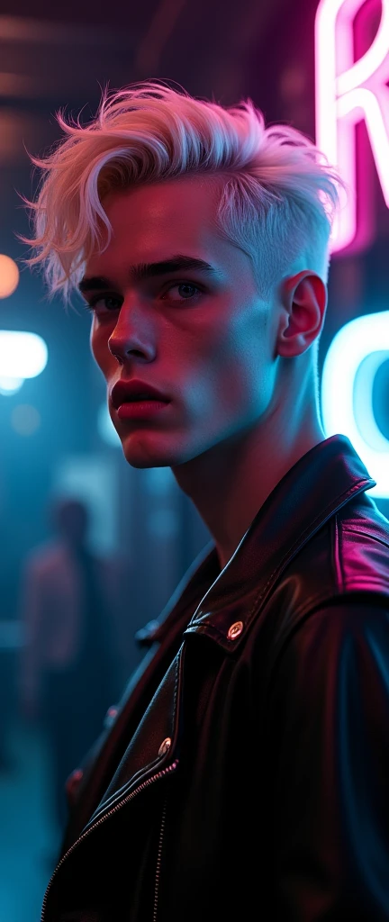 (Best Quality,4k,8k,High resolution,masterpiece:1.2),ultra detailed,sharp focus,(realist,photorealist,fotorrealista:1.37),Fotorrealist, low lighting, alone, Young man, 22 years, Pale skin, Model (skinny:1.3), (short layered platinum blonde hair:1.5), (black leather jacket:1.3), gothic punk clothing, incubus, sexy, (CNTX neon letters:1.4), strip club lighting, very detailed face bdsm background,extremely detailed facial features,hyper realist skin texture,extremely fine details,intricate details,
detailed eyes,detailed nose,detailed lips,Detailed facial expressions,intricate facial anatomy,intense lighting,dramatic lighting,lighting change,cinematic lighting,chiaroscuro lighting,dramatic shadows,dramatic moments,vivid colors,intense colours,Deep contrast,cinematic depth of field,cinematographic composition,cinematic camera angle
