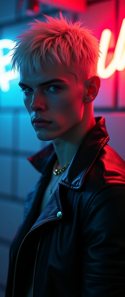 (Best Quality,4k,8k,High resolution,masterpiece:1.2),ultra detailed,sharp focus,(realist,photorealist,fotorrealista:1.37),Fotorrealist, low lighting, alone, Young man, 22 years, Pale skin, Model (skinny:1.3), (short layered platinum blonde hair:1.5), (black leather jacket:1.3), gothic punk clothing, incubus, sexy, (CNTX neon letters:1.4), strip club lighting, very detailed face bdsm background,extremely detailed facial features,hyper realist skin texture,extremely fine details,intricate details,
detailed eyes,detailed nose,detailed lips,Detailed facial expressions,intricate facial anatomy,intense lighting,dramatic lighting,lighting change,cinematic lighting,chiaroscuro lighting,dramatic shadows,dramatic moments,vivid colors,intense colours,Deep contrast,cinematic depth of field,cinematographic composition,cinematic camera angle