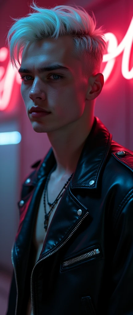 (Best Quality,4k,8k,High resolution,masterpiece:1.2),ultra detailed,sharp focus,(realist,photorealist,fotorrealista:1.37),Fotorrealist, low lighting, alone, Young man, 22 years, Pale skin, Model (skinny:1.3), (short layered platinum blonde hair:1.5), (black leather jacket:1.3), gothic punk clothing, incubus, sexy, (CNTX neon letters:1.4), strip club lighting, very detailed face bdsm background,extremely detailed facial features,hyper realist skin texture,extremely fine details,intricate details,
detailed eyes,detailed nose,detailed lips,Detailed facial expressions,intricate facial anatomy,intense lighting,dramatic lighting,lighting change,cinematic lighting,chiaroscuro lighting,dramatic shadows,dramatic moments,vivid colors,intense colours,Deep contrast,cinematic depth of field,cinematographic composition,cinematic camera angle