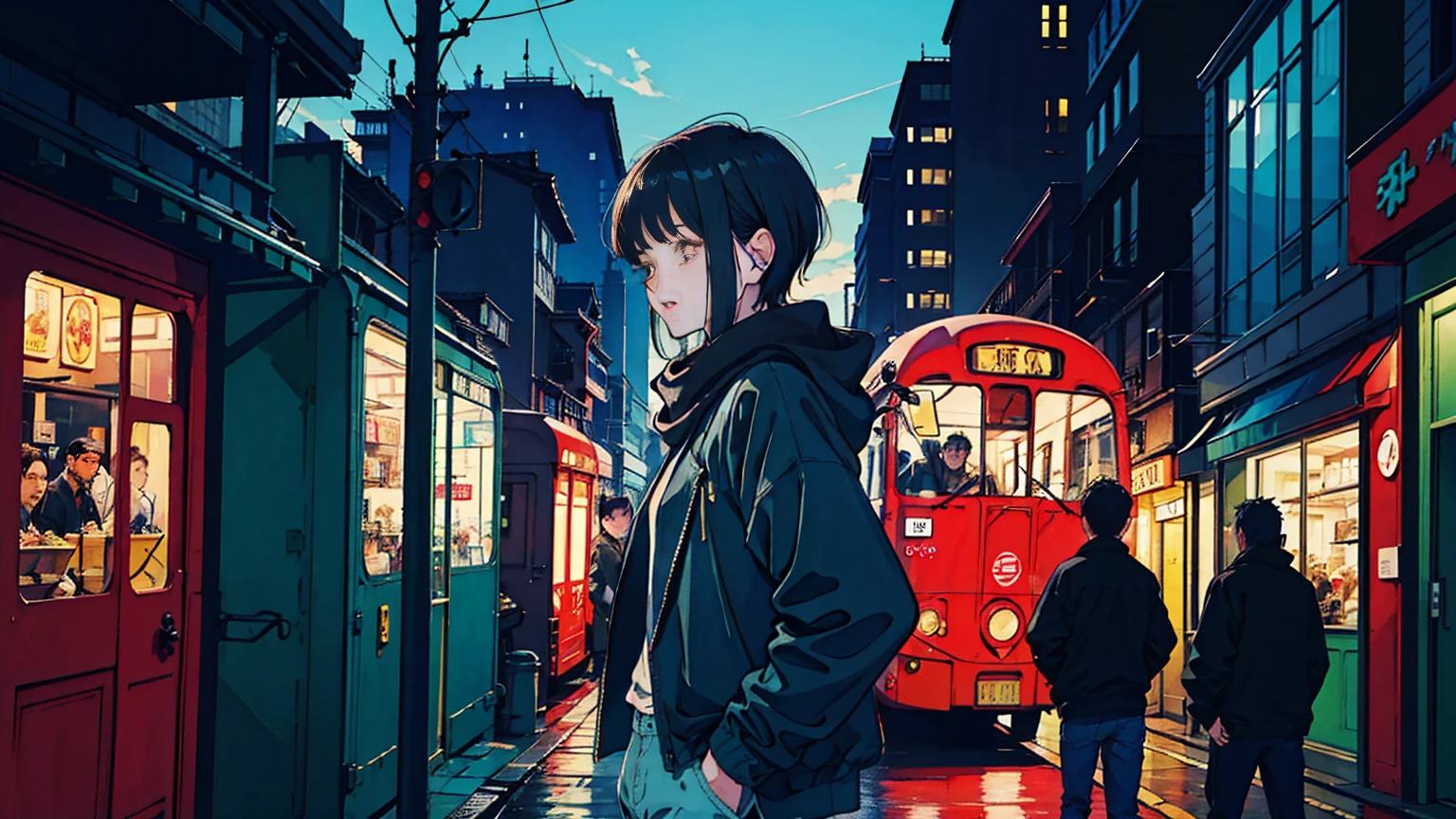 morning、Cool and beautiful Asian boy with black hair, Denim pants、Black jacket、scarf、A red bus passing nearby, The man is at the back of the bus.、Neighbor々Having a fun conversation、Perfect Face, Black jacket, Neon Black, (Backlit: 1.1), Hard Shadows, masterpiece, Highest quality, Complex, Model shooting style, Vintage, Film Grain, Incomplete details、Natural Body、profile、Photo taken from a distance、Life is fun、The cityscape is depicted on a large scale.、The figures are drawn small.