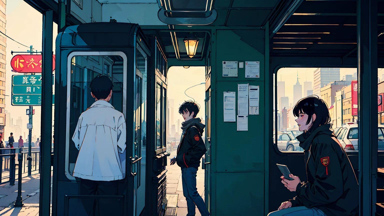 morning、Cool and beautiful Asian boy with black hair, Denim pants、Black jacket、scarf、A red bus passing nearby, The man is at the back of the bus.、Neighbor々Having a fun conversation、Perfect Face, Black jacket, Neon Black, (Backlit: 1.1), Hard Shadows, masterpiece, Highest quality, Complex, Model shooting style, Vintage, Film Grain, Incomplete details、Natural Body、profile、Photo taken from a distance、Life is fun、The cityscape is depicted on a large scale.、The figures are drawn small.