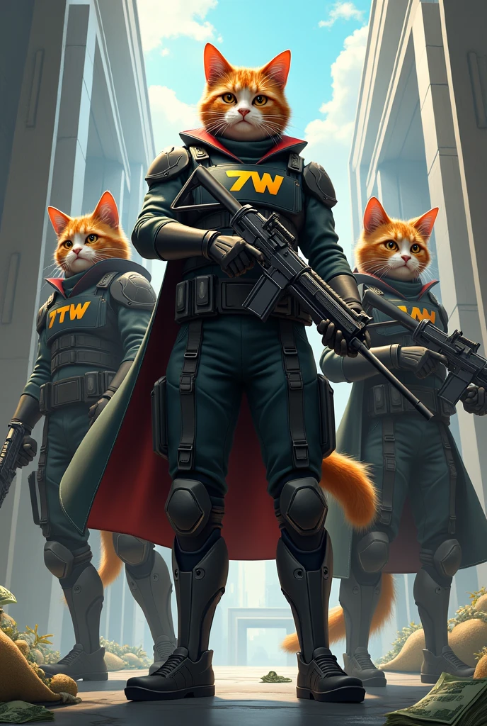 Cat army shoot name sahil maker and robotic backround Bank and cat in hand gun and bag in money outside at text tag logo name 7tw king logo