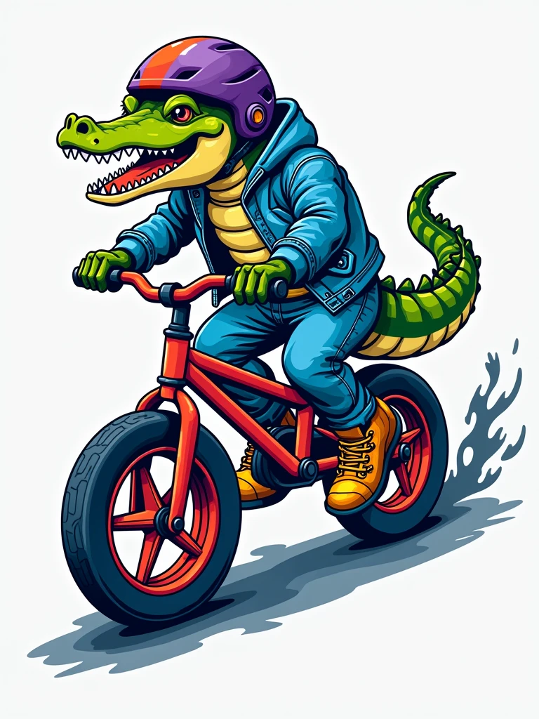 A logo sport, a Crocodile, purple/red wearing helmet, a jean blue, shoes golden is riding on a balance bike and dangling its legs with a cool image, more detail, enhanced, poakl