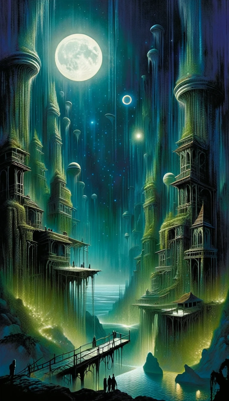 Enter the mysterious nighttime expanse of a deserted city, where moonlight cascades down on the skeletal remains of wooden structures, intertwined with the sturdy tendrils of jungle vegetation. Arriba, The cosmic tapestry is interrupted by the great spaceship. A surreal alliance of desolation and extraterrestrial presence unfolds beneath the twin moons, creating an enigmatic atmosphere over the abandoned cityscape -inspired by the art of Bill Sienkiewicz and Dave McKean