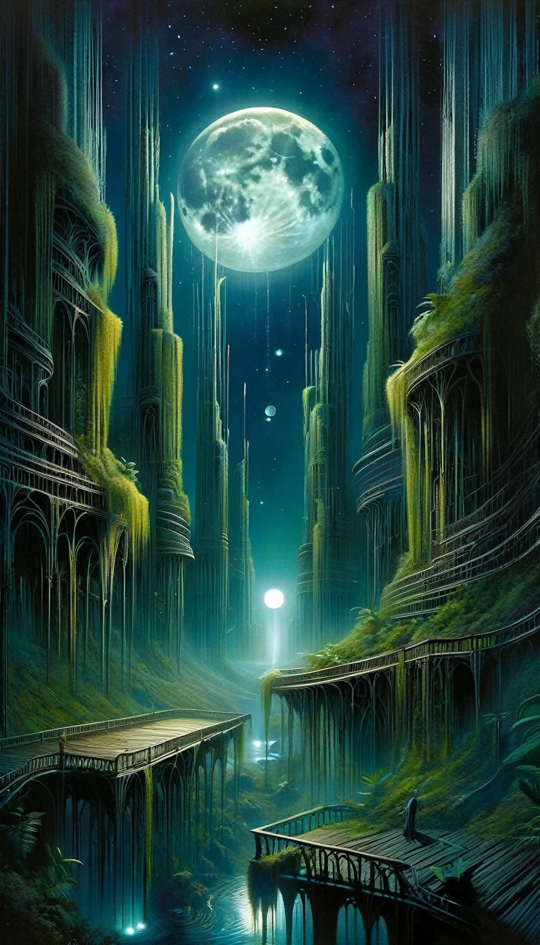 Enter the mysterious nighttime expanse of a deserted city, where moonlight cascades down on the skeletal remains of wooden structures, intertwined with the sturdy tendrils of jungle vegetation. Arriba, The cosmic tapestry is interrupted by the great spaceship. A surreal alliance of desolation and extraterrestrial presence unfolds beneath the twin moons, creating an enigmatic atmosphere over the abandoned cityscape -inspired by the art of Bill Sienkiewicz and Dave McKean
