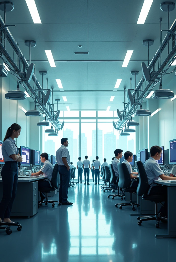 People inside an air-conditioned room with telephone transmitters