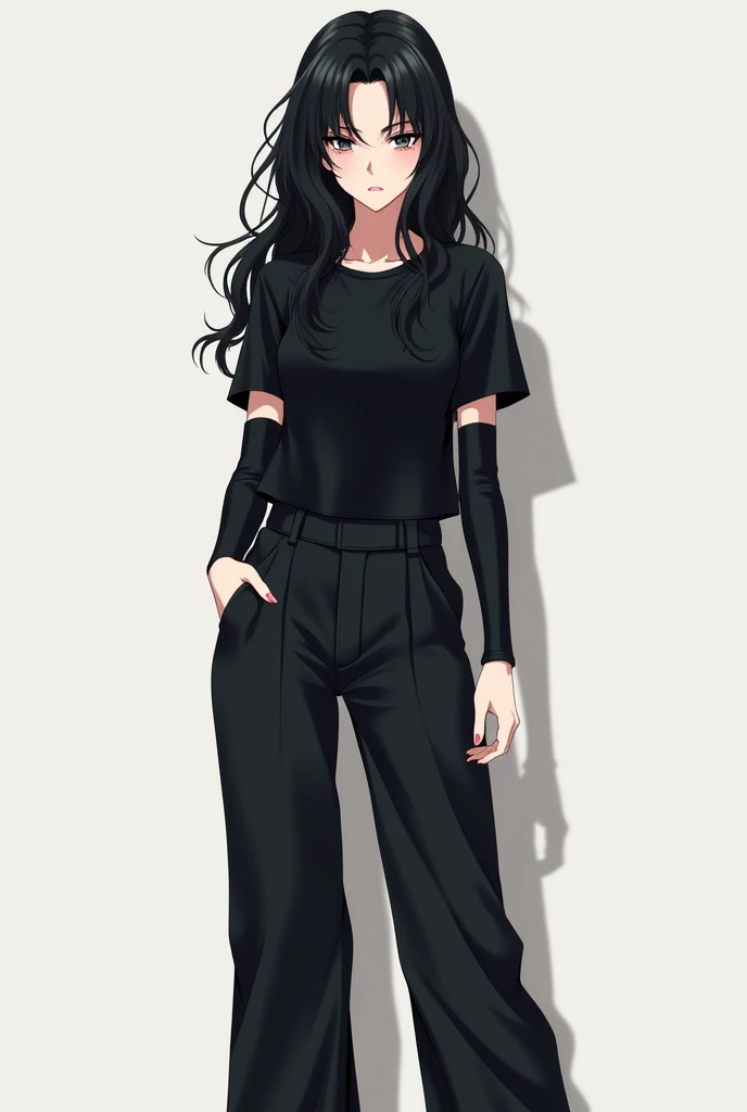 An anime girl with long, loose, wavy black hair reaching her waist with a serious face wearing a black short-sleeved shirt with black nails, black sleeves from the wrist to the elbow, black wide-leg pants, white tennis shoes with pale white skin, feminine