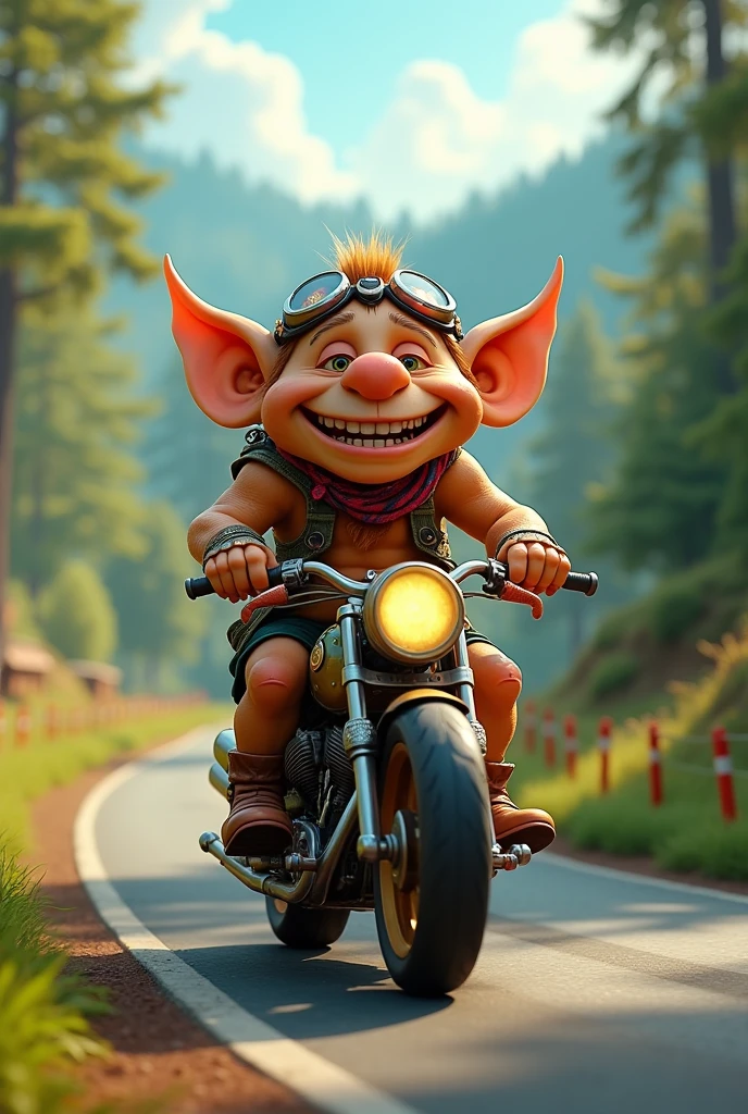 A friendly troll driving a motorcycle 