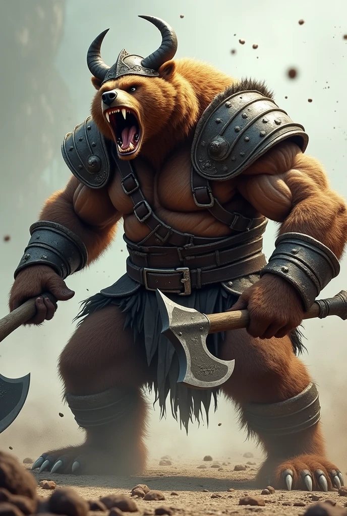 close up face angry warrior bear, open claws on display, attacking, viking armor, attacking com a pata, armed with an axe 