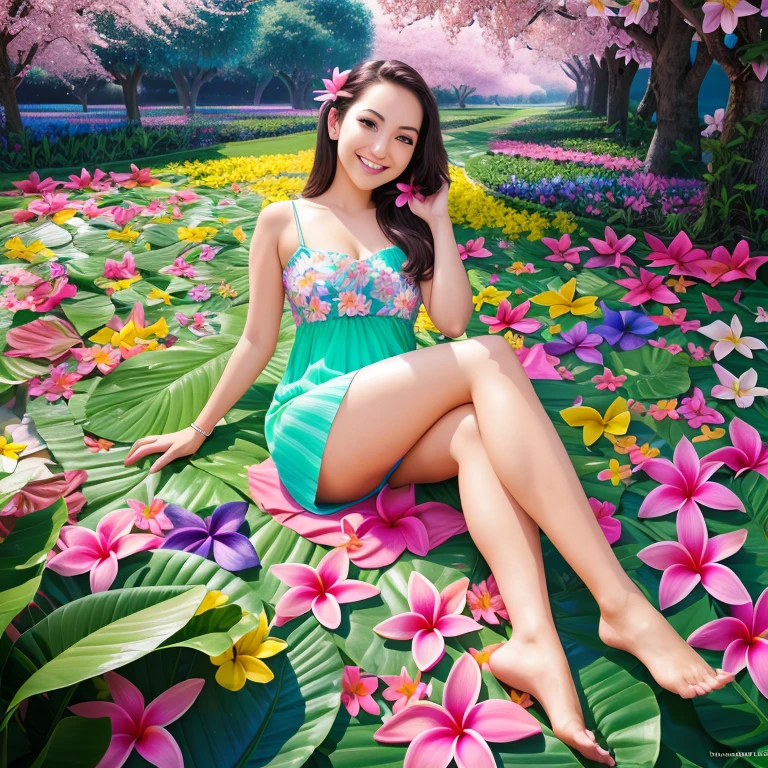 full body photo ,Masterpiece: 1.2, best quality, 1girl, field of plumeria, vibrant, (happy:1.4),colorful details,ultra detailed,detailed lighting,\(\(inspired by Hayao Miyazaki\)\),official art, pink flowers, laying on flowers, big smile