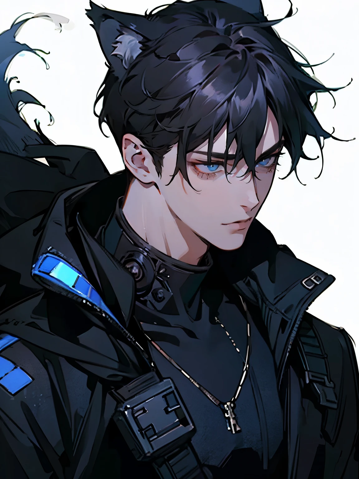 a cyberpunk young man, 20 years old, portrait, black cyberpunk clothes, black hair, blue eyes, wolf ears and tail, (best quality, 8k, photorealistic, cinematic lighting, hyper detailed), White background. 