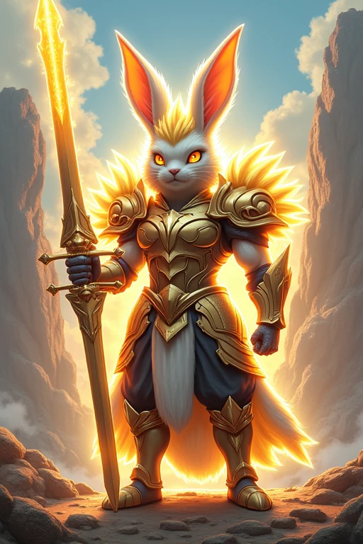 Un lapin anthropomorphe, debout fièrement, habillé en armure étincelante. L'armure est détaillée, avec des motifs élégants et des reflets dorés. Il tient une épée imposante, brillamment éclairée, émettant une aura de puissance. Le lapin est en mode super sayen, avec des cheveux dorés dressés et une aura énergétique l'entourant. En arrière-plan, un paysage épique de montagnes et de ciel vibrant.Résolution Haute, Précis, Haute qualité,
