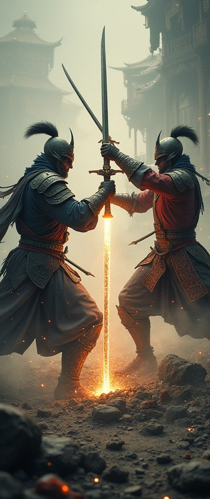 a legendary sword cultivator battle, warrior sword fighting, epic fantasy, highly detailed, intricate background, cinematic lighting, dramatic lighting, volumetric lighting, dramatic atmosphere, intense action, dynamic poses, beautiful detailed armor, exquisite blade details, sparks flying, dust and debris, cinematic camera angle, dramatic shadows, muted color palette, moody colors, dramatic lighting, ambient occlusion, depth of field, master-level artistry, digital painting, art by artgerm, art by alphonse mucha, art by greg rutkowski