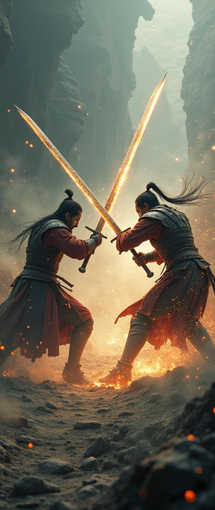 a legendary sword cultivator battle, warrior sword fighting, epic fantasy, highly detailed, intricate background, cinematic lighting, dramatic lighting, volumetric lighting, dramatic atmosphere, intense action, dynamic poses, beautiful detailed armor, exquisite blade details, sparks flying, dust and debris, cinematic camera angle, dramatic shadows, muted color palette, moody colors, dramatic lighting, ambient occlusion, depth of field, master-level artistry, digital painting, art by artgerm, art by alphonse mucha, art by greg rutkowski