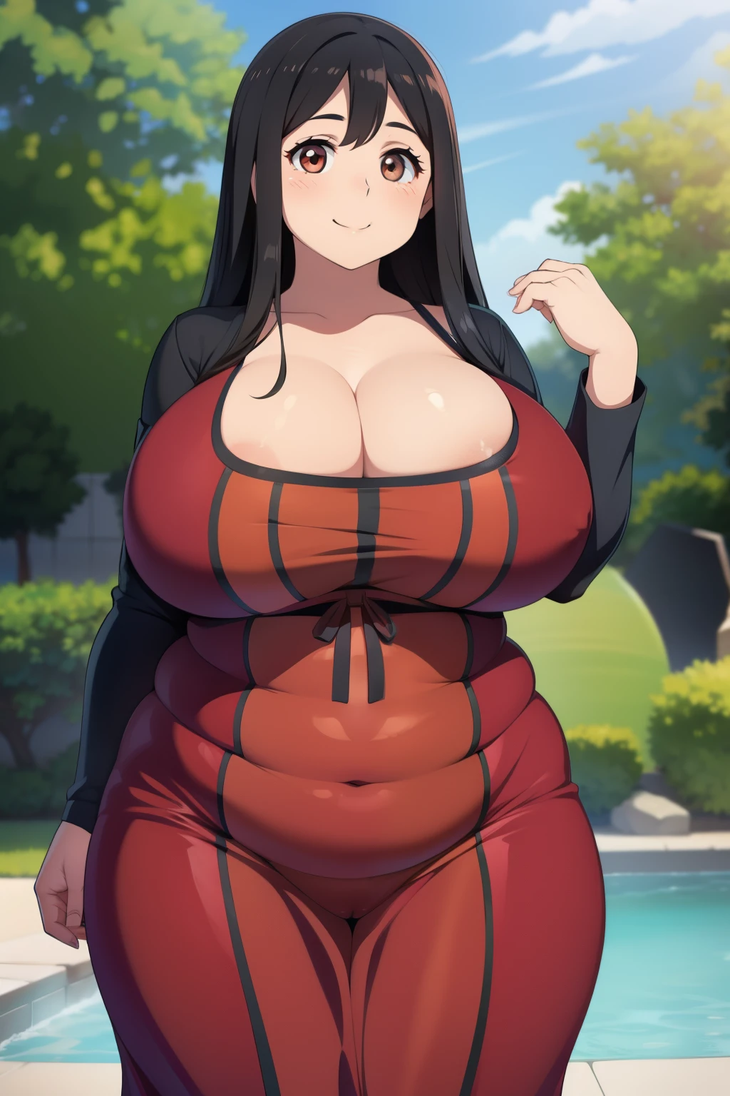 Plump big breasts black hair brown eyes happy longer hair smile blushing deredere 