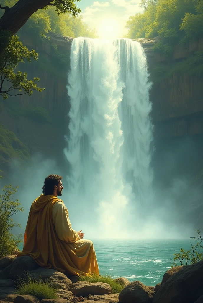 Enoch and God sitting in front of a waterfall talking 