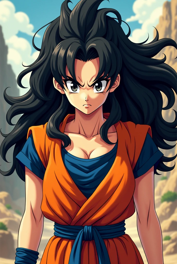 Make a female character with wavy hair, black hair color, long and raised, with light skin color, black eyes and with Goku&#39;s tail., with goku&#39;s clothes. in the style of the dragon ball series and looking at the camera and with an angry face