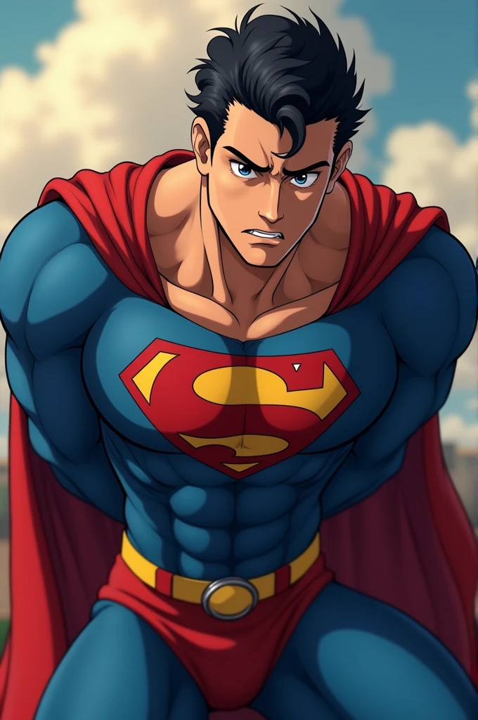 ((best quality)), ((masterpiece)), (detailed), perfect face. Superman, defeated, on his knees, ??????????, scared, torn hero suit, revealing a lot of skin, anime, big bulge in groin area, muscular, handsome, hands behind his back, scared/worried face.