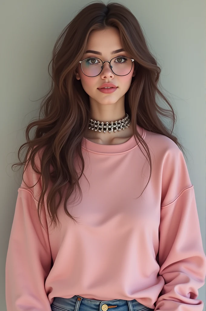 Brown-haired woman with glasses wearing a pink sweatshirt and a spiked collar