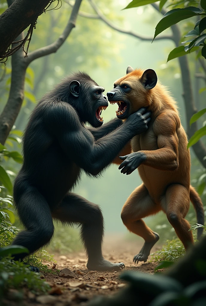 A chimpanzee savagely fighting a brown hyena in the middle of the jungle