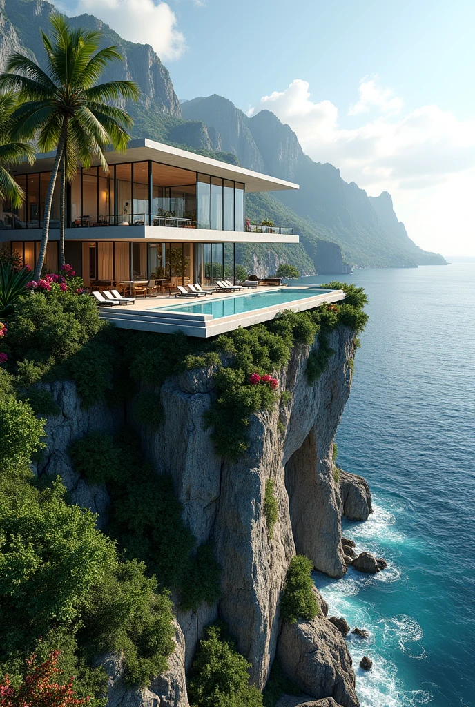 Une grande maison moderne avec une piscine et de grandes baies-vitrés à flanc d'une immense falaise surplombant la mer. Le tout dans une vegetation exotique. 
