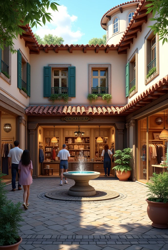 Create an image of an outdoor clothing store in a courtyard

