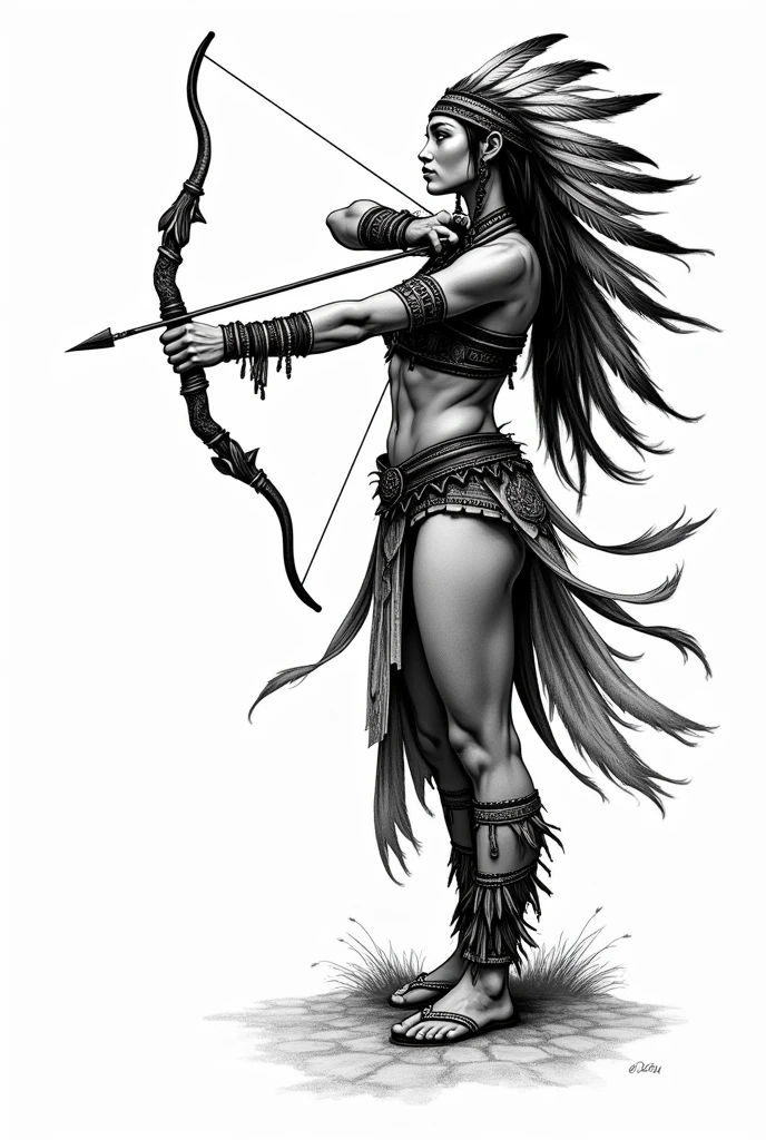 Full-body sketch of a Native American woman, shown in profile, aiming a bow and arrow. The design is in black and white, with fine details and sharp lines, suitable for a tattoo. The woman is depicted with traditional attire, including a feathered headdress, with a strong, focused expression.
