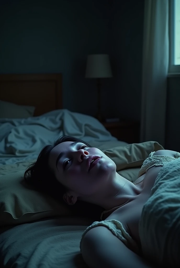 A woman lying DEAD on a bed, asphyxiated by a pillow bye Focus on her face, POV: From my perspective, from above her lap, looking at her, already dead. After removing the pillow from his face, I can see his face somewhat purple, his eyes rolled back, and his mouth slightly ajar after death. Dark room, realistic, real life.