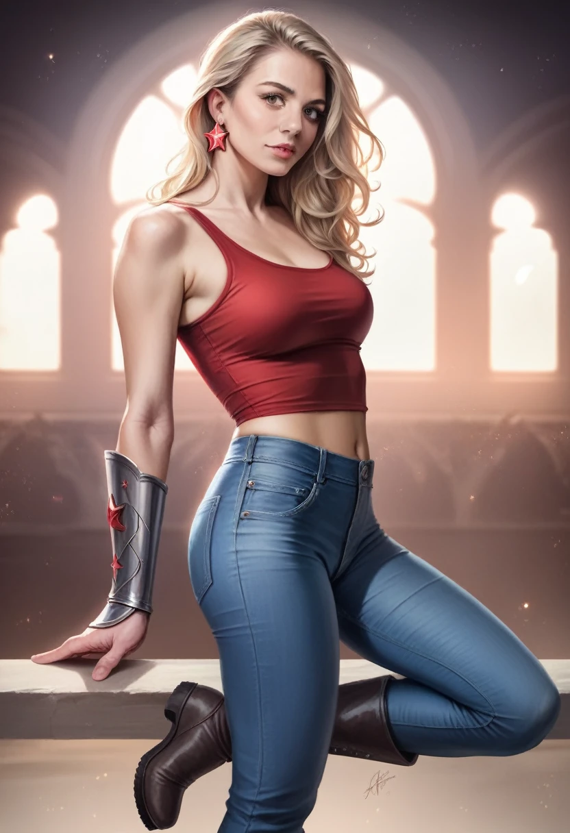 1girl, beautiful detailed eyes, beautiful detailed lips, extremely detailed face and portrait, long blonde hair, red star-earrings, red tank top, silver bracers, blue jeans, black boots, comics, (best quality,4k,8k,highres,masterpiece:1.2),ultra-detailed,(realistic,photorealistic,photo-realistic:1.37),highly detailed,intricate details,vivid colors,dynamic lighting,cinematic shot