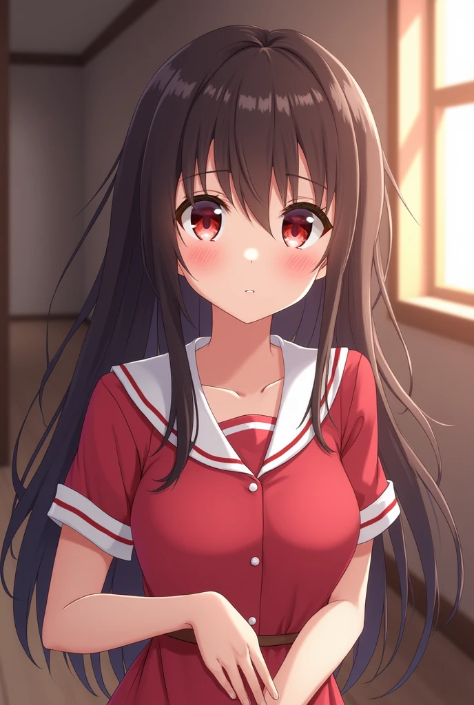 Sister, wearing school uniform, wet and bra see-through, 8K, best quality, 14 years old, looking at camera, red cheeks, embarrassed, delicate hands, room, liking brother, smelling brother's shirt