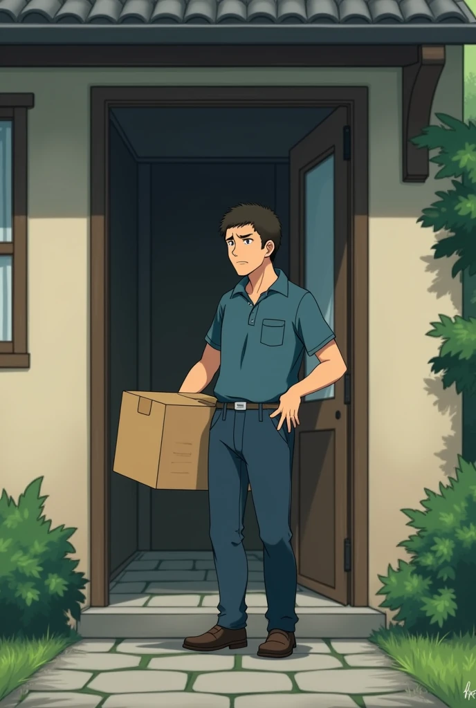 In the style of a Ghibli movie。Delivery man。He has a troubled look on his face while carrying a cardboard box.。In front of the entrance to a house。Diagonal side angle。The body is facing the entrance。Face slightly towards the camera。