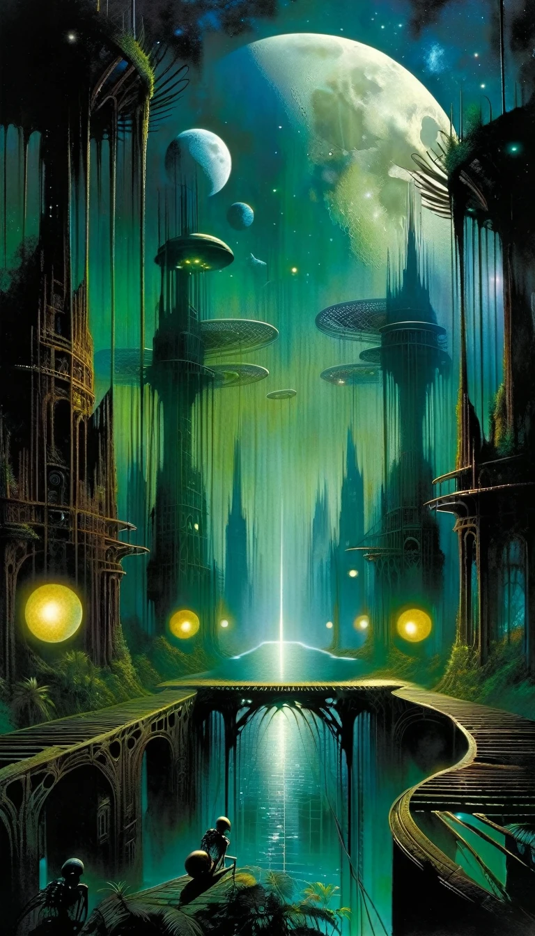 Enter the mysterious nighttime expanse of a deserted city, where moonlight cascades down on the skeletal remains of wooden structures, intertwined with the sturdy tendrils of jungle vegetation. Arriba, The cosmic tapestry is interrupted by the great spaceship. A surreal alliance of desolation and extraterrestrial presence unfolds beneath the twin moons, creating an enigmatic atmosphere over the abandoned cityscape -inspired by the art of Bill Sienkiewicz and Dave McKean