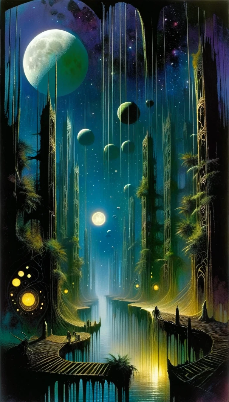 Enter the mysterious nighttime expanse of a deserted city, where moonlight cascades down on the skeletal remains of wooden structures, intertwined with the sturdy tendrils of jungle vegetation. Arriba, The cosmic tapestry is interrupted by the great spaceship. A surreal alliance of desolation and extraterrestrial presence unfolds beneath the twin moons, creating an enigmatic atmosphere over the abandoned cityscape -inspired by the art of Bill Sienkiewicz and Dave McKean