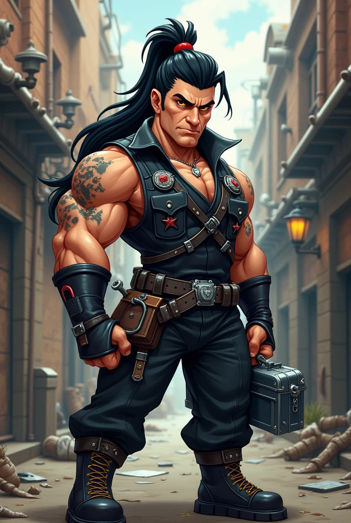 PLUMBER WITH SAMURAI PONYTAIL CUT,HEAVY METAL STYLE BLACK CLOTHES CARTOON