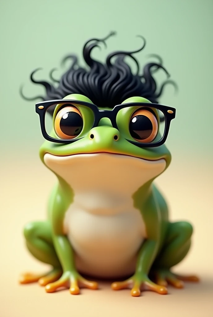 Create a cute frog that has black square frame glasses and curly black hair.