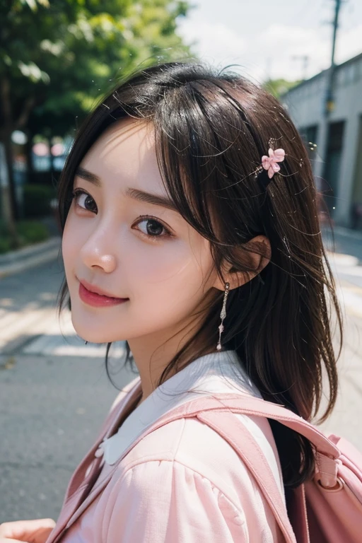 (Two pure Japanese girls,), (Small breasts:1.5,),(alone,,Textured skin, Detailed skin,Detailed face,Detailed eyes,detailed posing,Natural eyebrows,Sparkling eyes,Attention to detail, Highest quality, Very detailed, Surrealism, ,8k,RAW Photos,Photographicism,Professional Lighting,Ray Tracing,Portrait Photography,Soft Light),((Black Hair, Natural Makeup,Simple Earrings, Medium Hair,,smile)),(((Pink school bag,Cosplay for )))