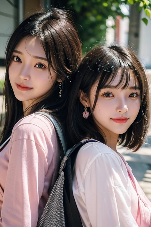 (Two pure Japanese girls,), (Small breasts:1.5,),(alone,,Textured skin, Detailed skin,Detailed face,Detailed eyes,detailed posing,Natural eyebrows,Sparkling eyes,Attention to detail, Highest quality, Very detailed, Surrealism, ,8k,RAW Photos,Photographicism,Professional Lighting,Ray Tracing,Portrait Photography,Soft Light),((Black Hair, Natural Makeup,Simple Earrings, Medium Hair,,smile)),(((Pink school bag,Cosplay for elementary school students)))