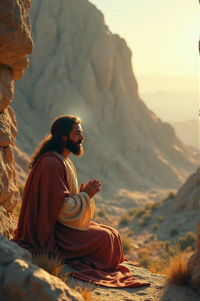 Create an image of Jesus Christ praying on the Jewish mountain 