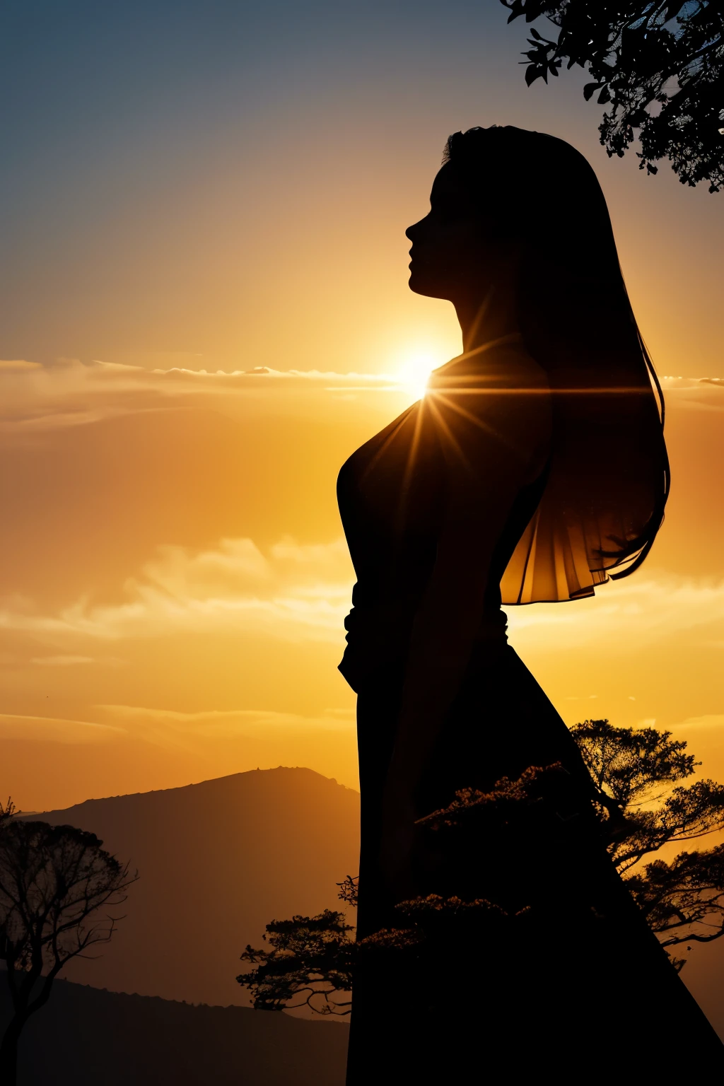 **High quality, 8K Ultra HD, A beautiful double exposure combining a silhouette of a beautiful goddess with the silhouette of a huge tree at sunset, the silhouette of a huge tree at sunset should serve as an underlying background, with its details incorporated into the goddess, crisp lines, the background is monochrome, sharp focus, double exposure**