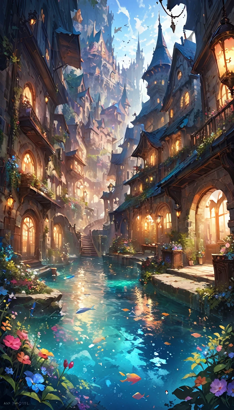 color (Fantasy: 1.2), (Hayao Miyazaki style), (Irregular Building Floating in the Sea), Patchwork Cottage, Floral decoration, Light, Concept art inspired by Andreas Rocha, Artstation Contest Winner, Fantasy art, (an underwater city), Ross Tran, Lightシャフト, Realistic lighting, masterpiece, high quality, Beautiful graphics, Attention to detail, masterpiece, high quality, Beautiful graphics, Attention to detail, 