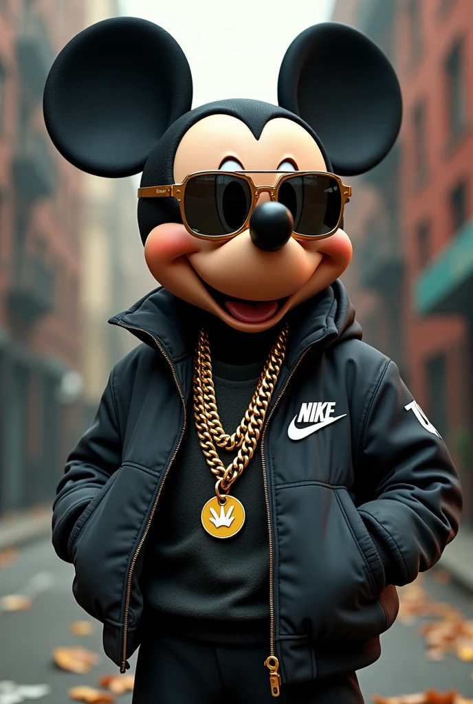 mickey mouse with a cigar and gold chain and sunglasses and a nike jacket