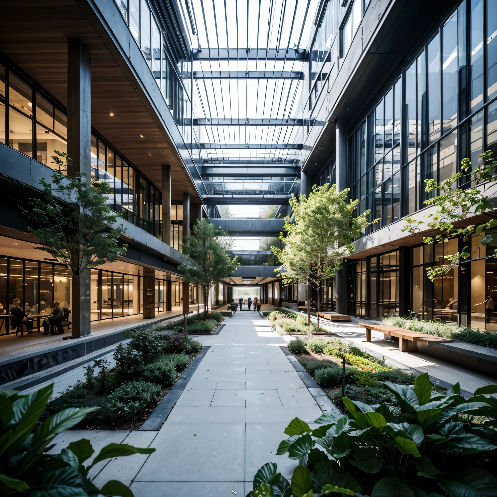 a large modern hospital complex with 7 connected blocks, glass walkways, lush gardens, seating areas, side avenues, photorealistic, hyperrealistic, detailed architecture, intricate details, cinematic lighting, dramatic shadows, vibrant colors, serene atmosphere