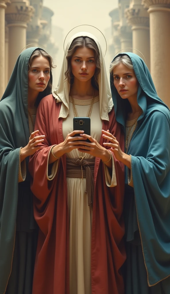 Raw photo, Very beautiful Virgin Mary, 2, Ancient women, Reddish beige tunic with blue cloak and veil, Halo, Taking a selfie with your smartphone, A faint smile
