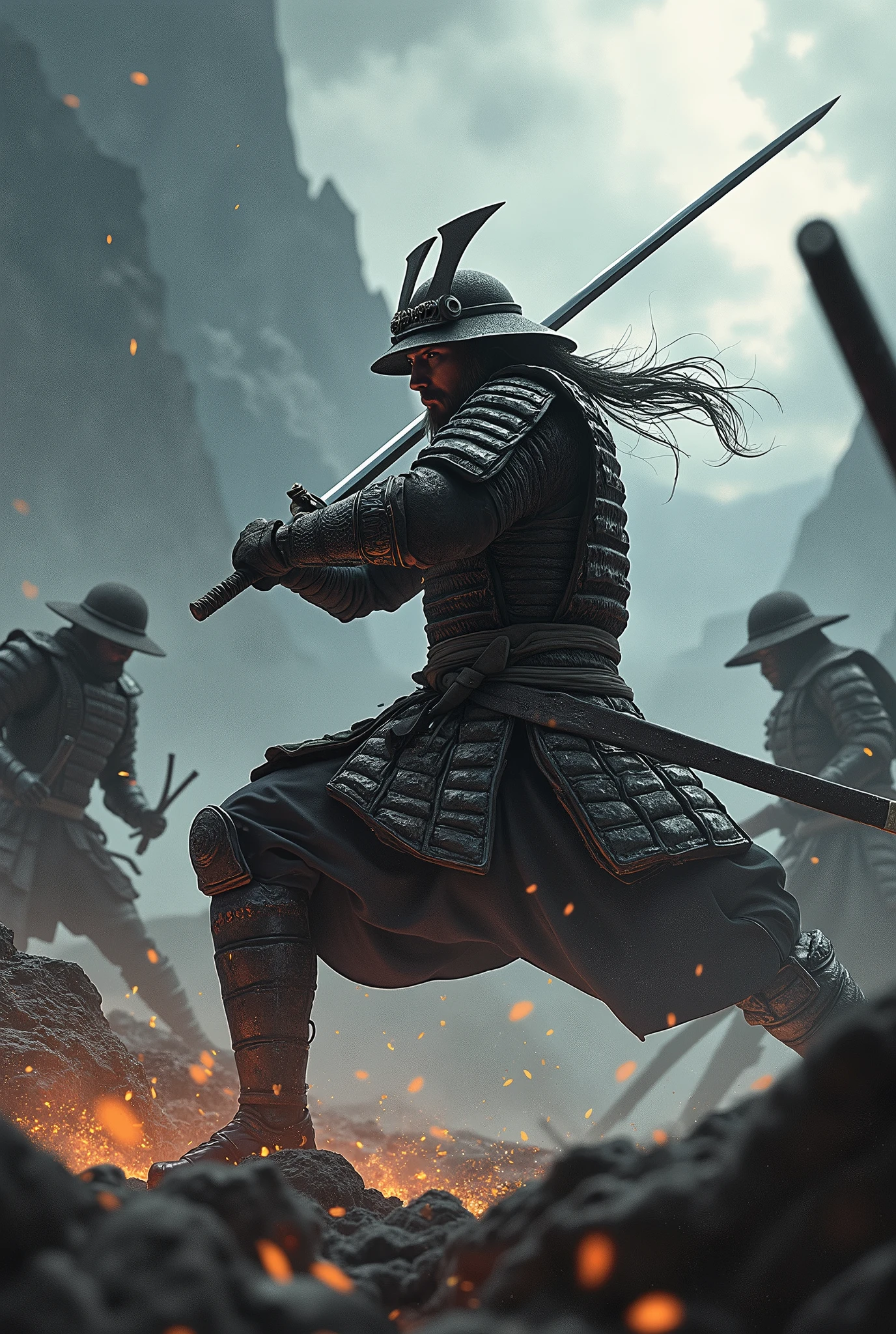 draw a samurai fighting several enemies