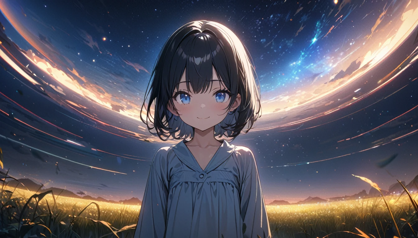 ((ultra-detailed))/(one women with short black hair and bob hair.、beautiful blue eyes,.、smile、gentle smile on her face、flat chest, one Beautiful girl,((masterpiece, illustration, best quality) ((ultra-detailed))/)Masterpiece\,standing on a empty field and standing under a blue starry night sky, night time,upper body,standing on a field which is night time and there is a comet and a lot of stars in the sky,濃い青とBeautiful Blueのグラデーション, High resolution, 8K HD detail, hyper-detail, cinematic, surrealism, soft light, deep field focus bokeh, ray tracing and surrealism. --v6'